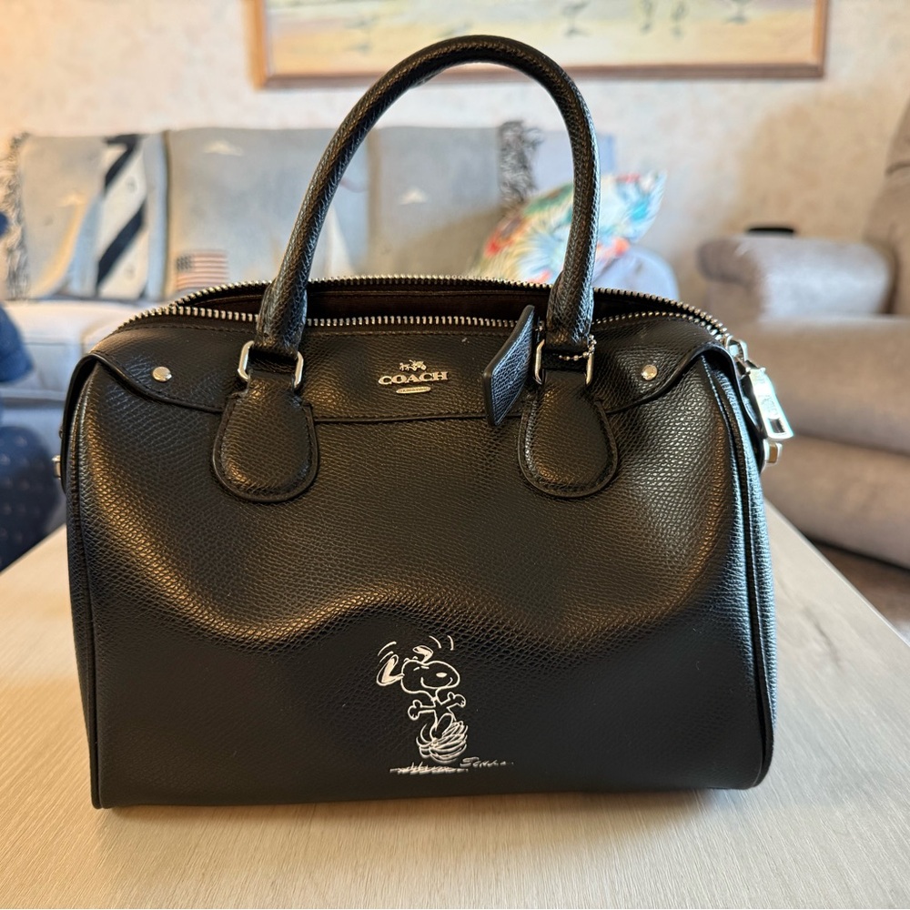 Coach Black Leather Satchel with Snoopy Motif
